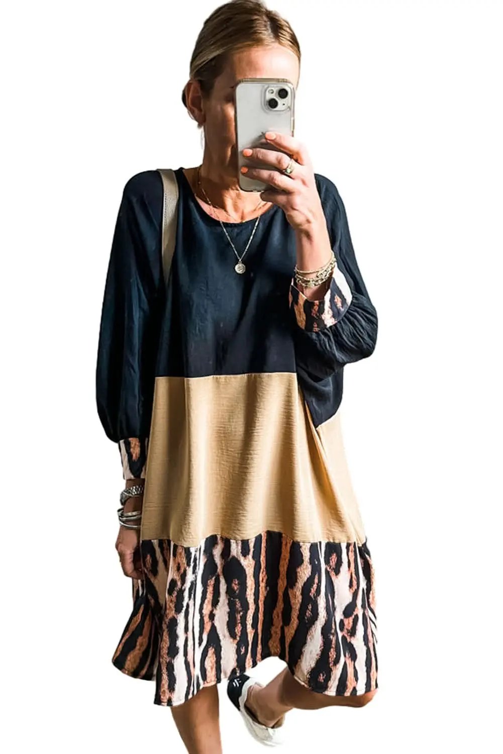 Khaki Printed Tiger Stripe Colorblock Bishop Sleeve Mini Dress - Love Salve